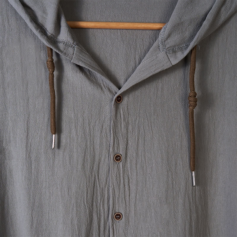 Buddha Stones無地 長袖 フード付き ドローストリング ボタン リネン メンズ シャツ - image 13