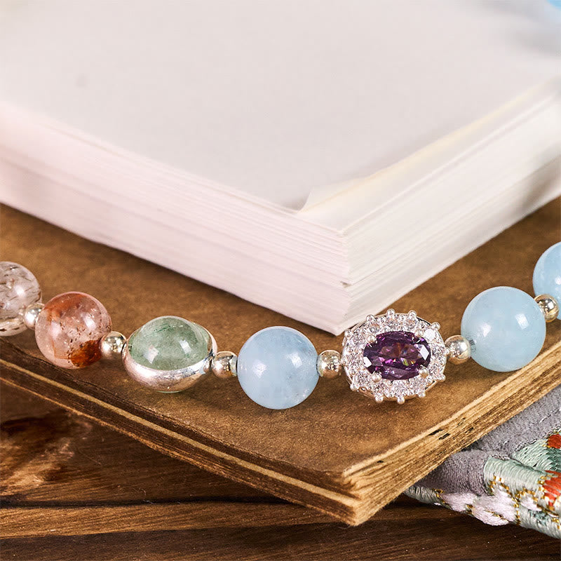 Buddha Stones8mm ブルーカルセドニー スーパーセブン クリスタル エネルギーキーチェーン 携帯電話用 吊り下げ装飾 - image 1