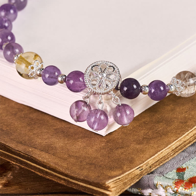 Buddha Stonesアメジスト フラワーチャーム スピリチュアルな意識を高めるビーズキーホルダー 携帯電話用吊り下げ装飾 - image 1