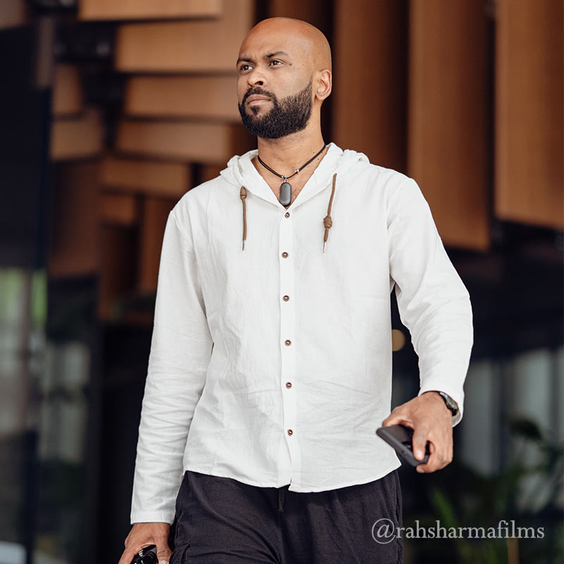 Buddha Stones無地 長袖 フード付き ドローストリング ボタン リネン メンズ シャツ - image 4