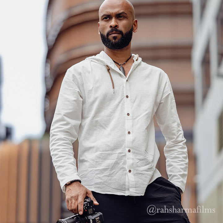 Buddha Stones無地 長袖 フード付き ドローストリング ボタン リネン メンズ シャツ - image 1