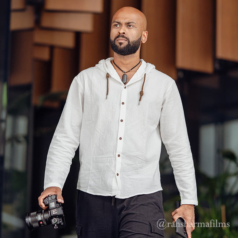 Buddha Stones無地 長袖 フード付き ドローストリング ボタン リネン メンズ シャツ - image 3