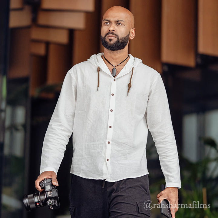 Buddha Stones無地 長袖 フード付き ドローストリング ボタン リネン メンズ シャツ - image 3