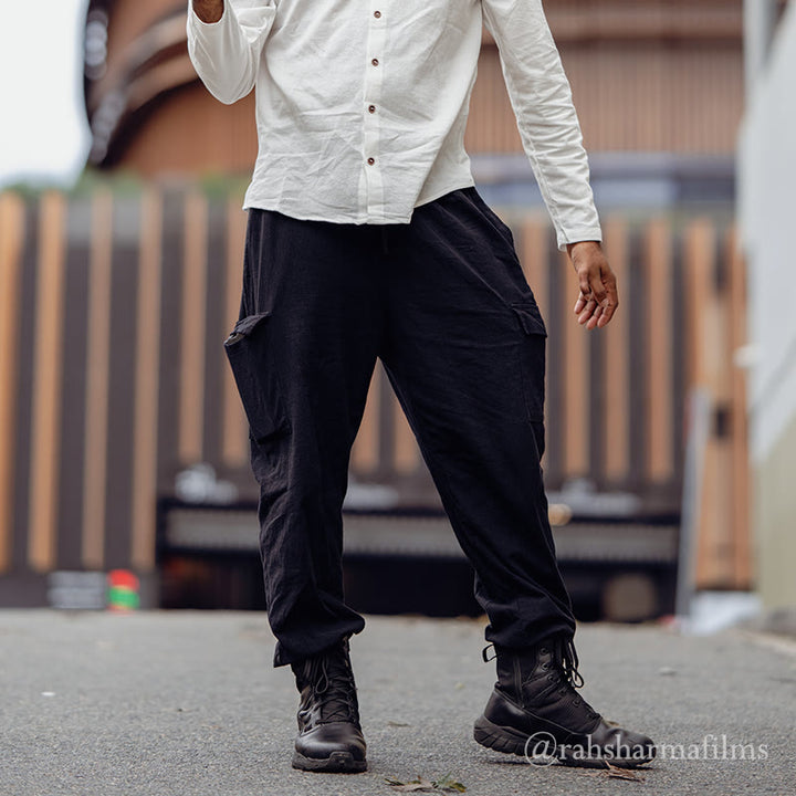 Buddha Stones無地リネン ドローストリング メンズ カーゴパンツ ポケット付き - 黒 - US/UK/AU46、 EU56 (3XL) - image 0