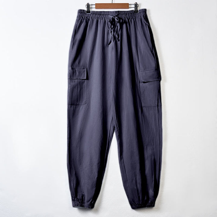Buddha Stones無地リネン ドローストリング メンズ カーゴパンツ ポケット付き - スチールブルー - US/UK/AU46、 EU56 (3XL) - image 27