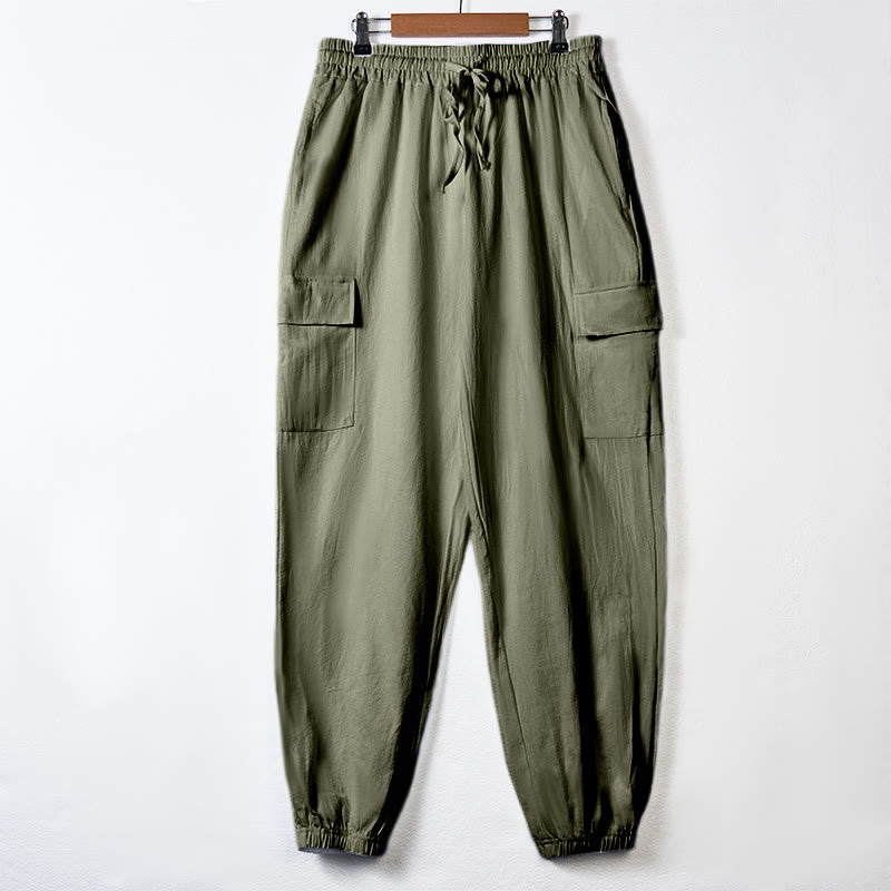 Buddha Stones無地リネン ドローストリング メンズ カーゴパンツ ポケット付き - ダークシーグリーン - US/UK/AU46、 EU56 (3XL) - image 28