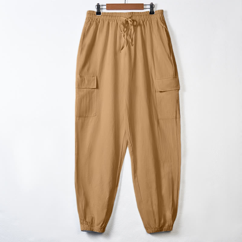 Buddha Stones無地リネン ドローストリング メンズ カーゴパンツ ポケット付き - サンディブラウン - US/UK/AU46、 EU56 (3XL) - image 29
