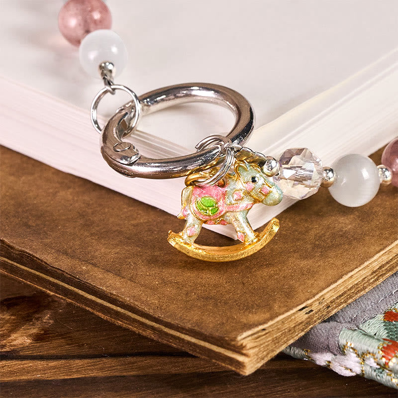 Buddha Stones午年 ストロベリークォーツ ホワイトキャッツアイ キーホルダー 携帯電話用 吊り下げ飾り - image 1