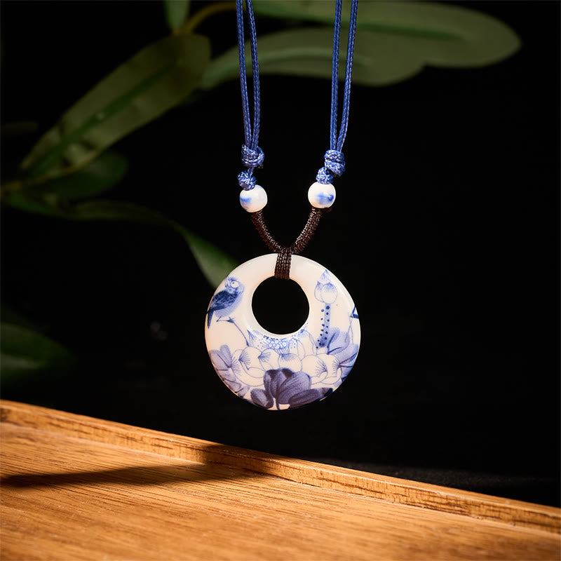 Buddha Stonesエスニック 牡丹 桃の花 蓮のシンボル 陶器 ネックレス 悟りのペンダント - image 1