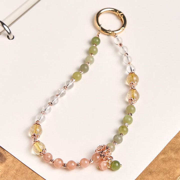 Buddha Stonesシアン翡翠 ホワイトクリスタル ハーモニービーズ キーチェーン 携帯電話用吊り下げ装飾 - シアンジェイド（幸運♥長寿） - image 0