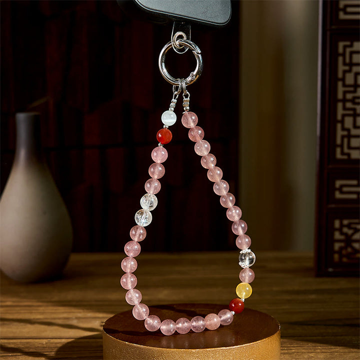 Buddha Stones8mm カラフルビーズ ストロベリークォーツ ポジティブキーチェーン 携帯電話用吊り下げ装飾 - image 2