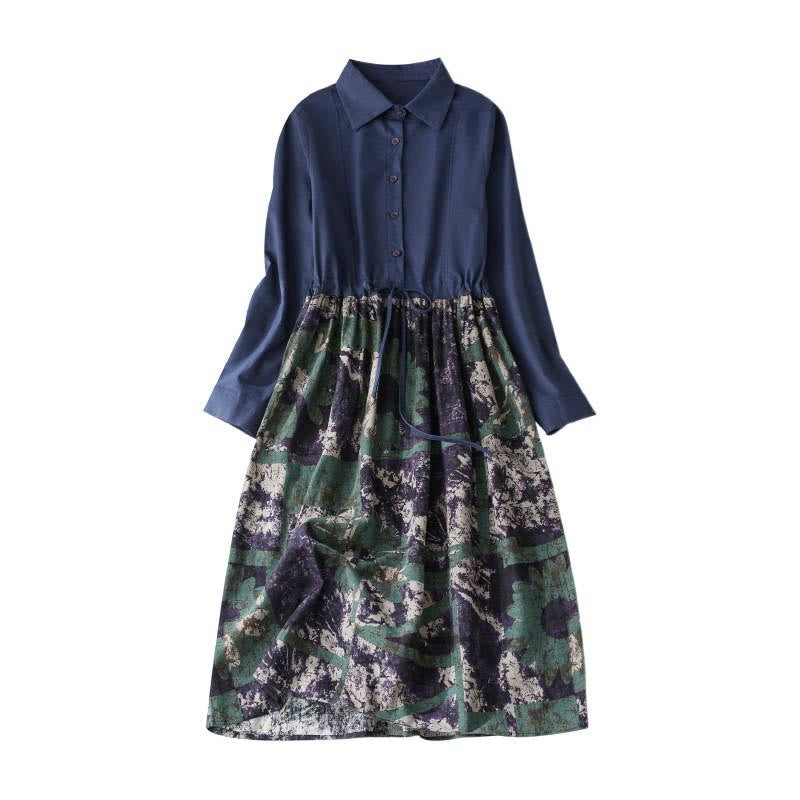 Buddha Stones秋 プリント パッチワークデザイン ドローストリング 長袖 リネン ミディドレス ポケット付き - image 9