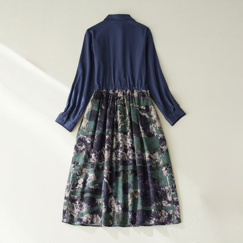 Buddha Stones秋 プリント パッチワークデザイン ドローストリング 長袖 リネン ミディドレス ポケット付き - image 2