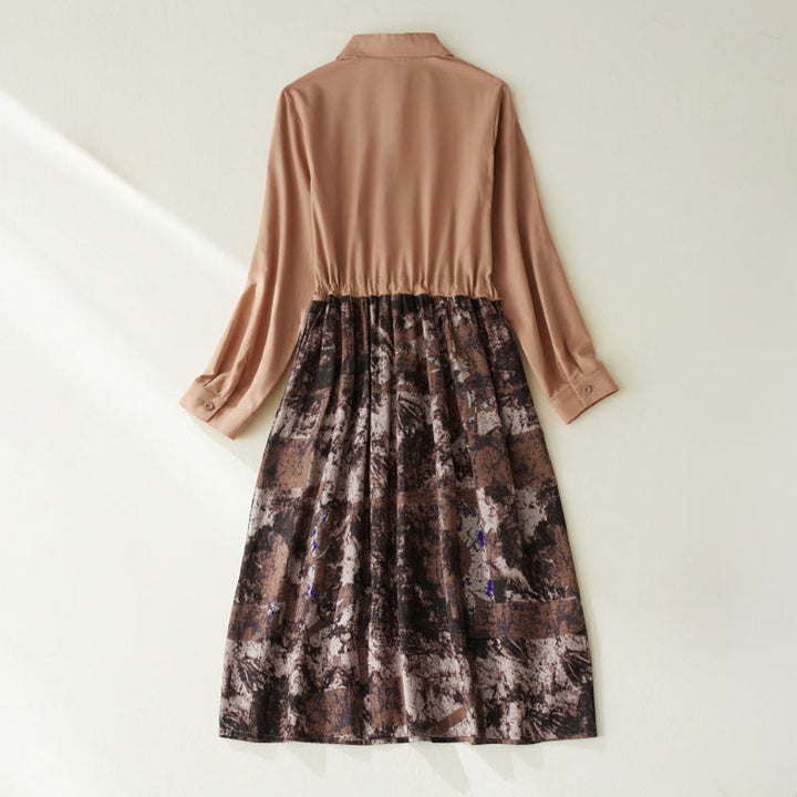 Buddha Stones秋 プリント パッチワークデザイン ドローストリング 長袖 リネン ミディドレス ポケット付き - image 12