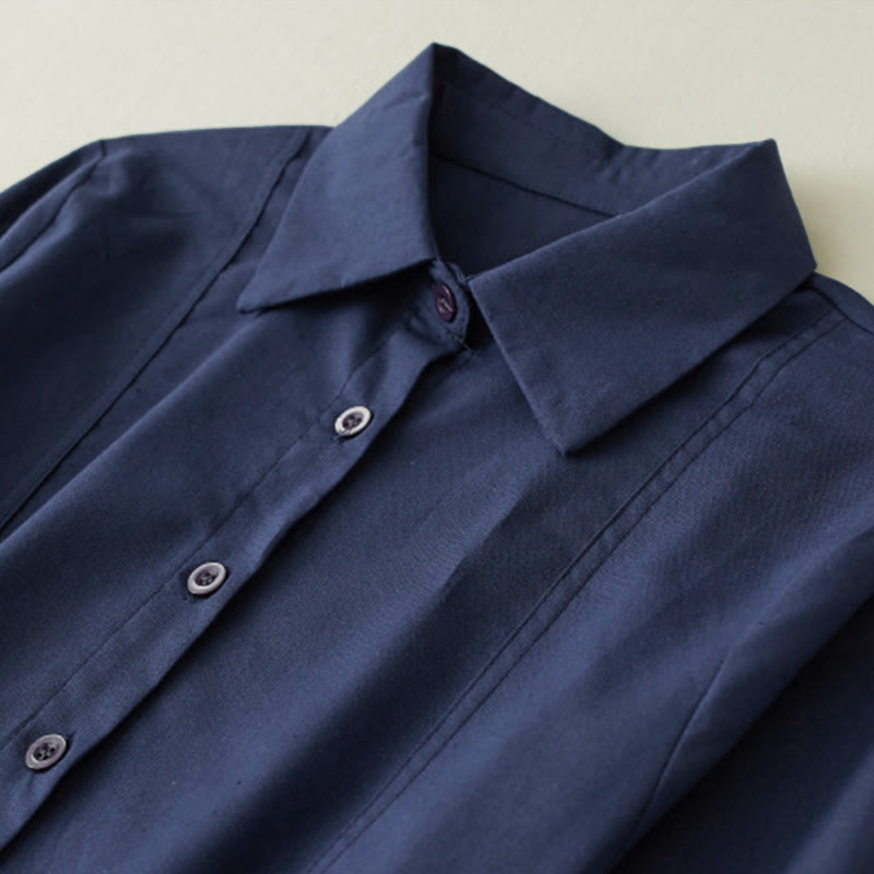 Buddha Stones秋 プリント パッチワークデザイン ドローストリング 長袖 リネン ミディドレス ポケット付き - image 3