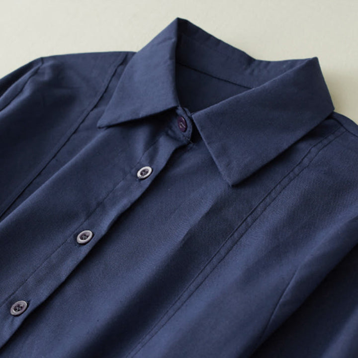 Buddha Stones秋 プリント パッチワークデザイン ドローストリング 長袖 リネン ミディドレス ポケット付き - image 3