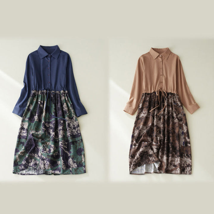 Buddha Stones秋 プリント パッチワークデザイン ドローストリング 長袖 リネン ミディドレス ポケット付き - image 14