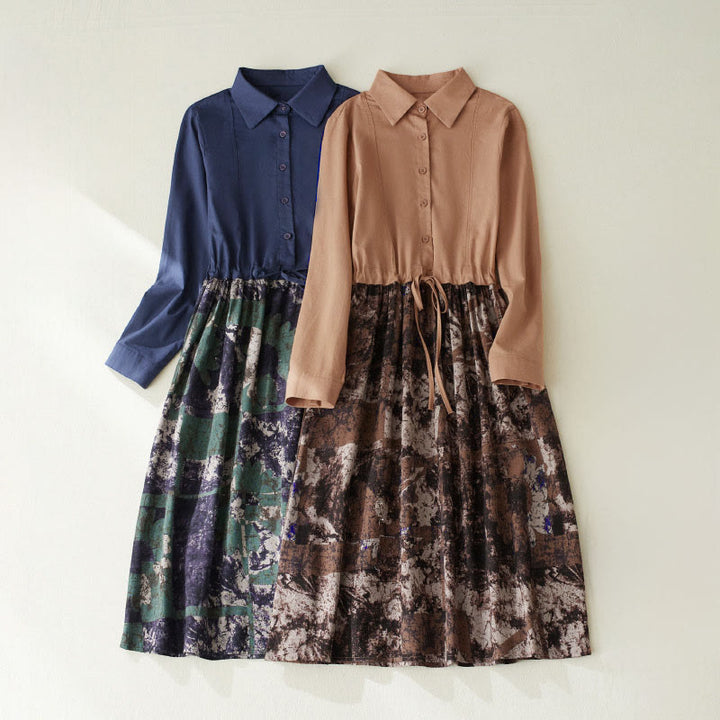 Buddha Stones秋 プリント パッチワークデザイン ドローストリング 長袖 リネン ミディドレス ポケット付き - image 0