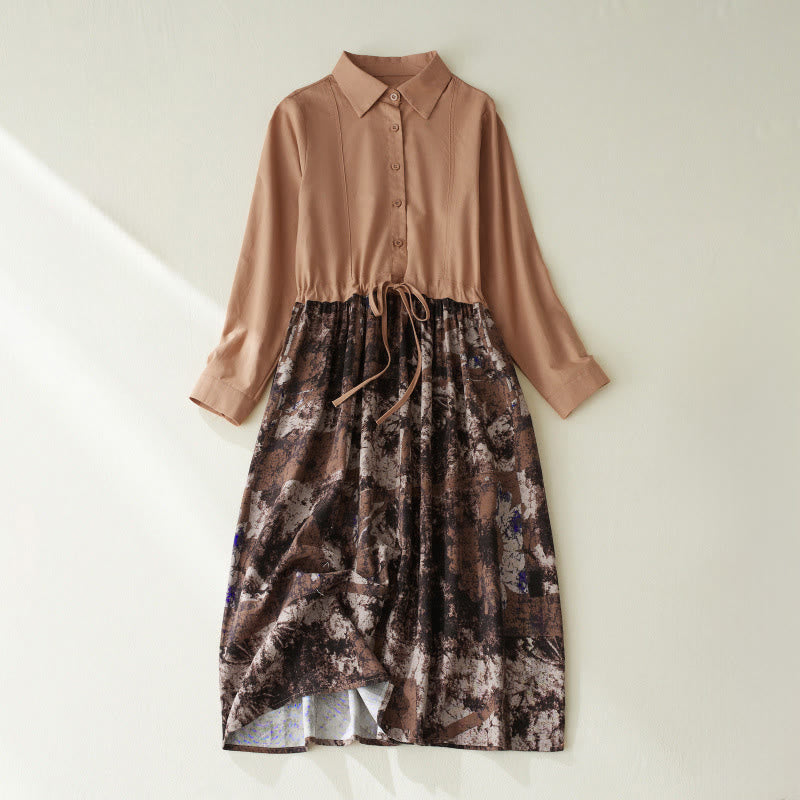 Buddha Stones秋 プリント パッチワークデザイン ドローストリング 長袖 リネン ミディドレス ポケット付き - サンディブラウン - US8-10，UK/AU12-14，EU40-42 (2XL) - image 11