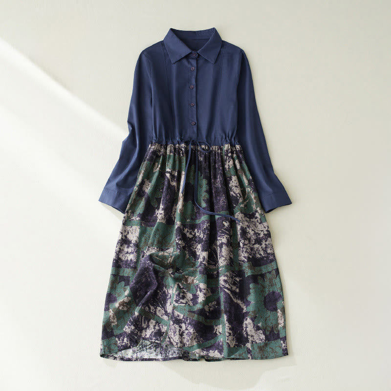 Buddha Stones秋 プリント パッチワークデザイン ドローストリング 長袖 リネン ミディドレス ポケット付き - ダークブルー - US8-10，UK/AU12-14，EU40-42 (2XL) - image 1