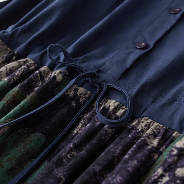 Buddha Stones秋 プリント パッチワークデザイン ドローストリング 長袖 リネン ミディドレス ポケット付き - image 4