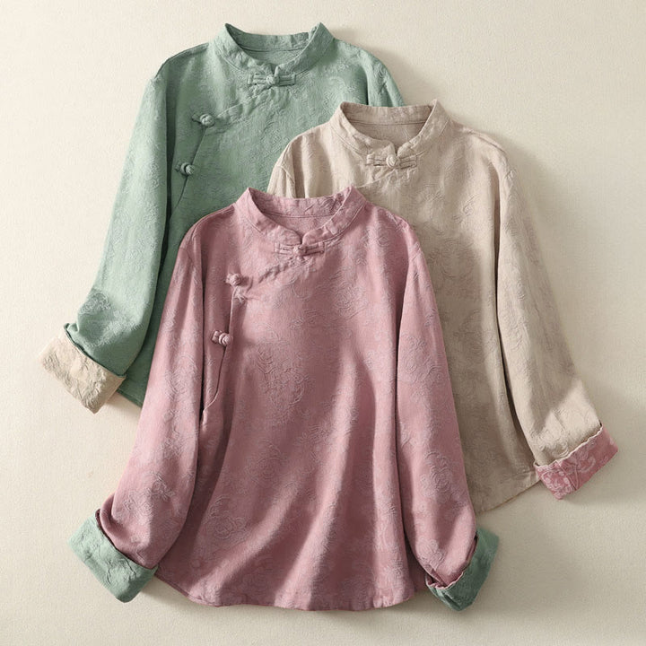 Buddha Stonesジャカード 斜め前立て 長袖 レディース コットンリネン ボタンシャツ - image 0