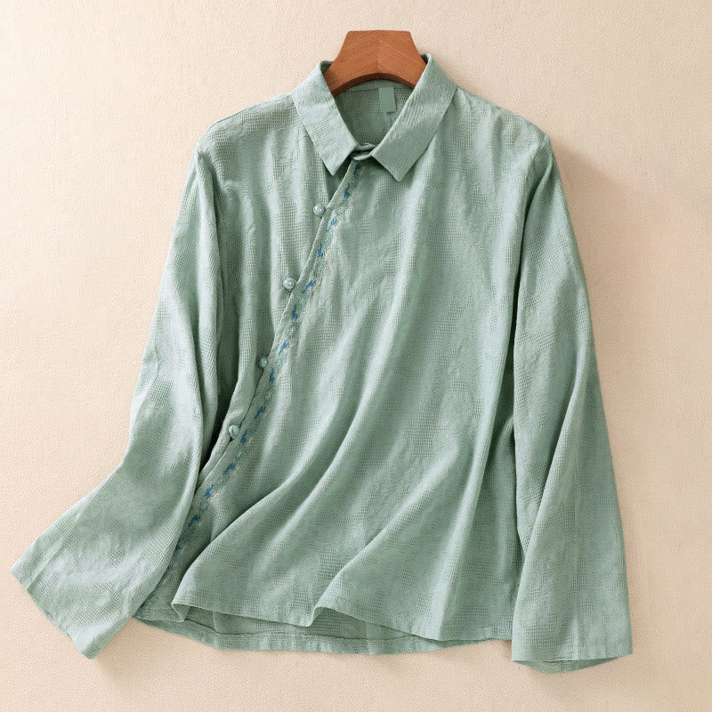 Buddha Stones秋 刺繍 アシンメトリーデザイン カエルボタン レディース コットン 長袖シャツ - ミディアムアクアマリン - US8-10，UK/AU12-14，EU40-42 (2XL) - image 0