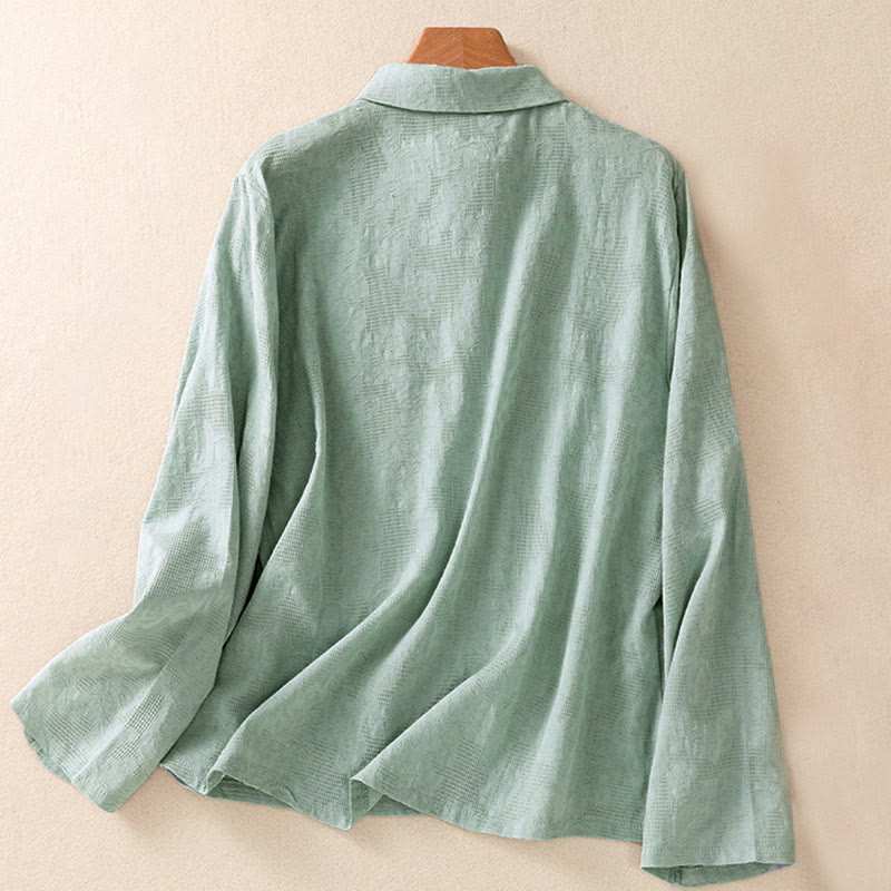 Buddha Stones秋 刺繍 アシンメトリーデザイン カエルボタン レディース コットン 長袖シャツ - image 1