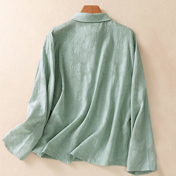 Buddha Stones秋 刺繍 アシンメトリーデザイン カエルボタン レディース コットン 長袖シャツ - image 1