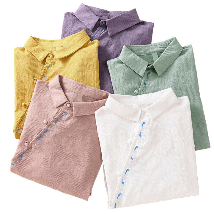 Buddha Stones秋 刺繍 アシンメトリーデザイン カエルボタン レディース コットン 長袖シャツ - image 40