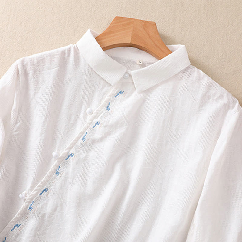 Buddha Stones秋 刺繍 アシンメトリーデザイン カエルボタン レディース コットン 長袖シャツ - image 9