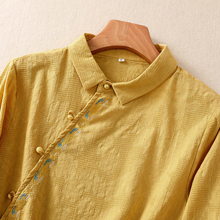 Buddha Stones秋 刺繍 アシンメトリーデザイン カエルボタン レディース コットン 長袖シャツ - image 26