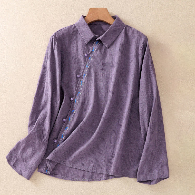 Buddha Stones秋 刺繍 アシンメトリーデザイン カエルボタン レディース コットン 長袖シャツ - ダークオーキッド - US8-10，UK/AU12-14，EU40-42 (2XL) - image 31