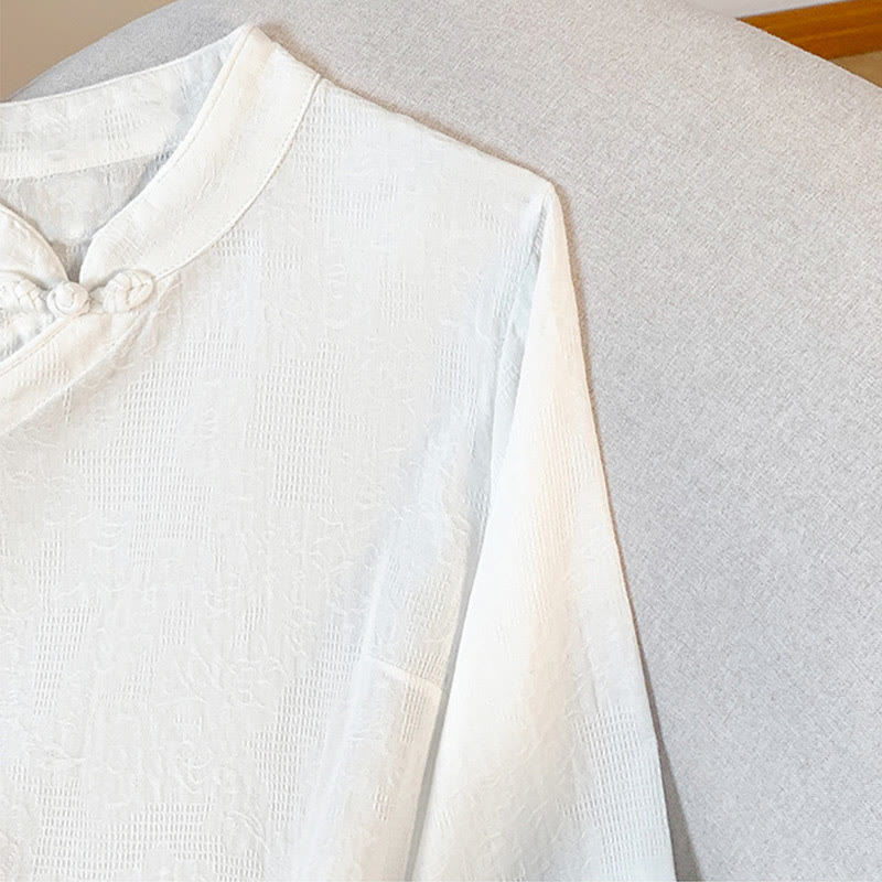 Buddha Stones通勤用ジャカード チャイニーズフロッグボタン マンダリンカラー 長袖 レディース コットンシャツ - image 15