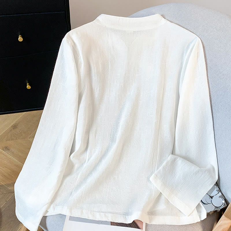 Buddha Stones通勤用ジャカード チャイニーズフロッグボタン マンダリンカラー 長袖 レディース コットンシャツ - image 11