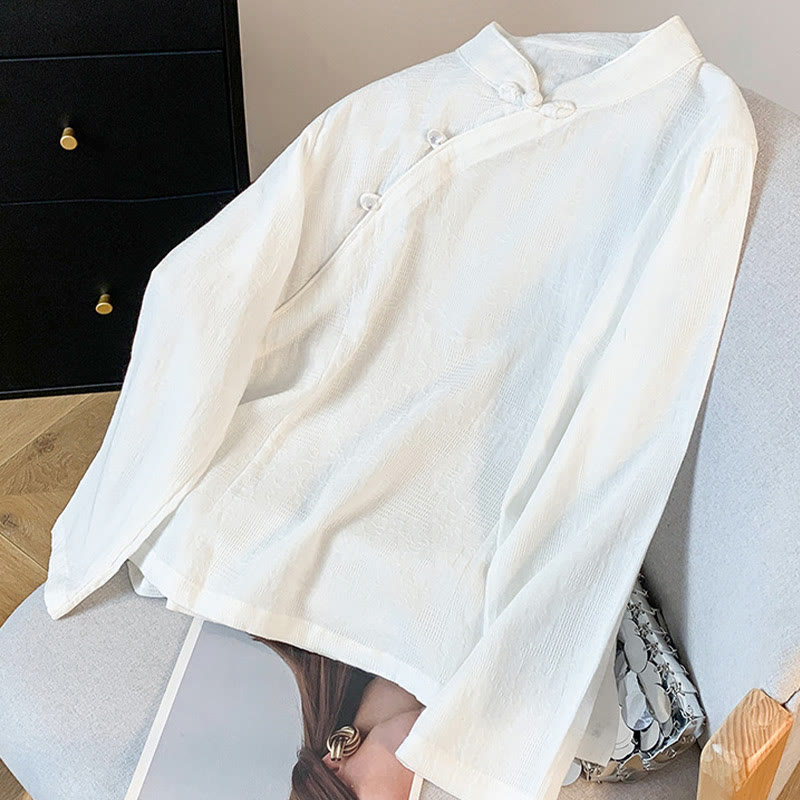 Buddha Stones通勤用ジャカード チャイニーズフロッグボタン マンダリンカラー 長袖 レディース コットンシャツ - image 12