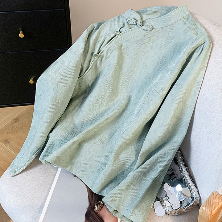 Buddha Stones通勤用ジャカード チャイニーズフロッグボタン マンダリンカラー 長袖 レディース コットンシャツ - image 2