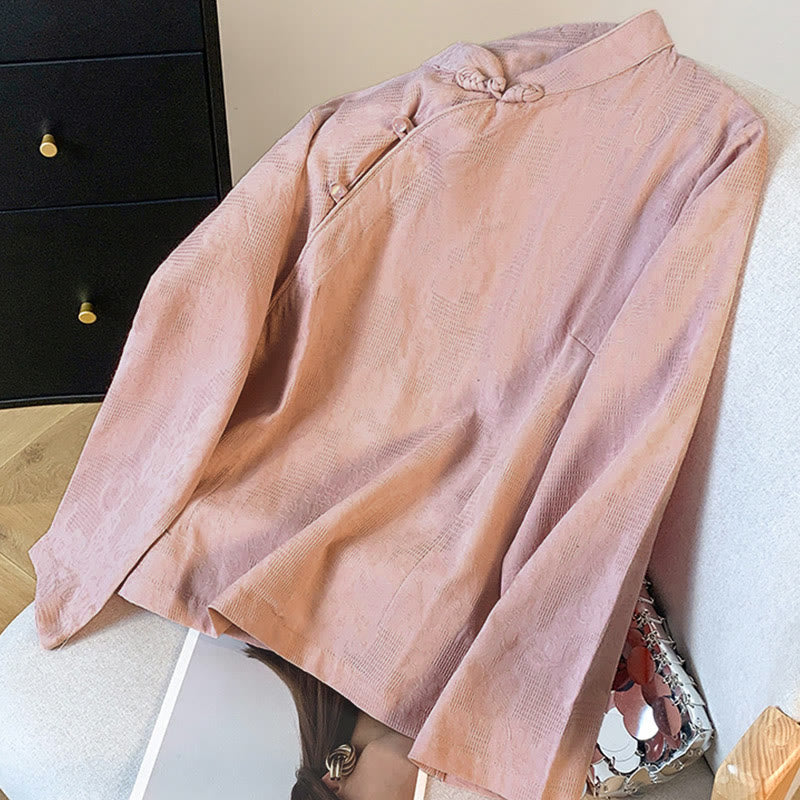 Buddha Stones通勤用ジャカード チャイニーズフロッグボタン マンダリンカラー 長袖 レディース コットンシャツ - image 22