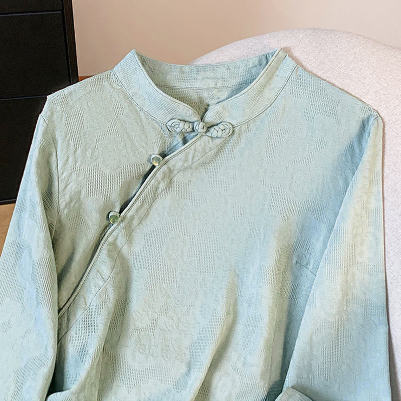 Buddha Stones通勤用ジャカード チャイニーズフロッグボタン マンダリンカラー 長袖 レディース コットンシャツ - image 3