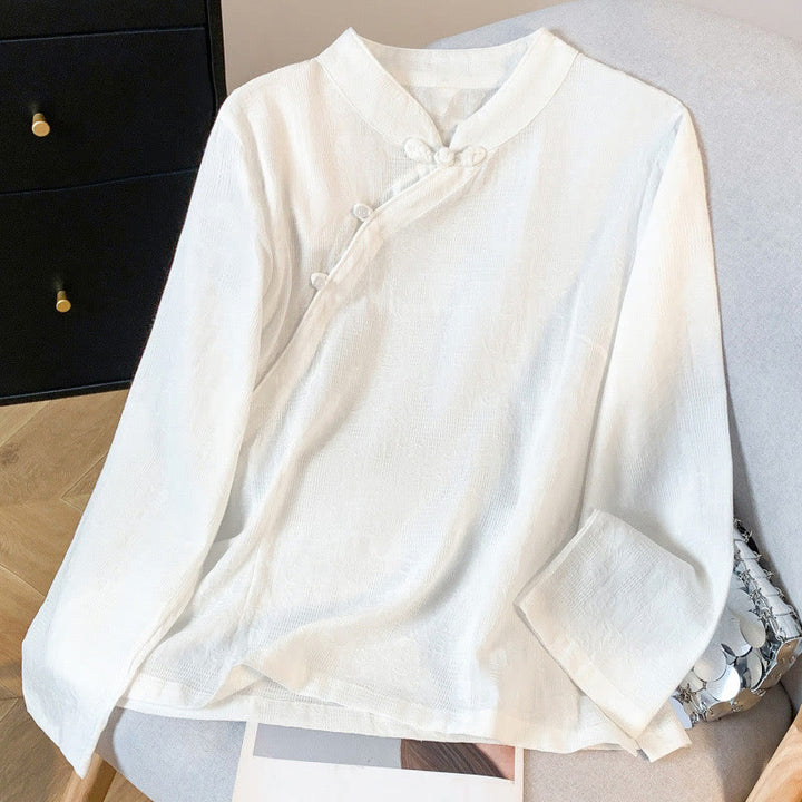 Buddha Stones通勤用ジャカード チャイニーズフロッグボタン マンダリンカラー 長袖 レディース コットンシャツ - 白 - US8-10，UK/AU12-14，EU40-42 (2XL) - image 10