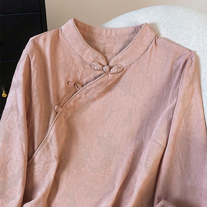 Buddha Stones通勤用ジャカード チャイニーズフロッグボタン マンダリンカラー 長袖 レディース コットンシャツ - image 23
