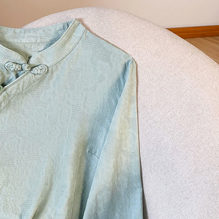 Buddha Stones通勤用ジャカード チャイニーズフロッグボタン マンダリンカラー 長袖 レディース コットンシャツ - image 6