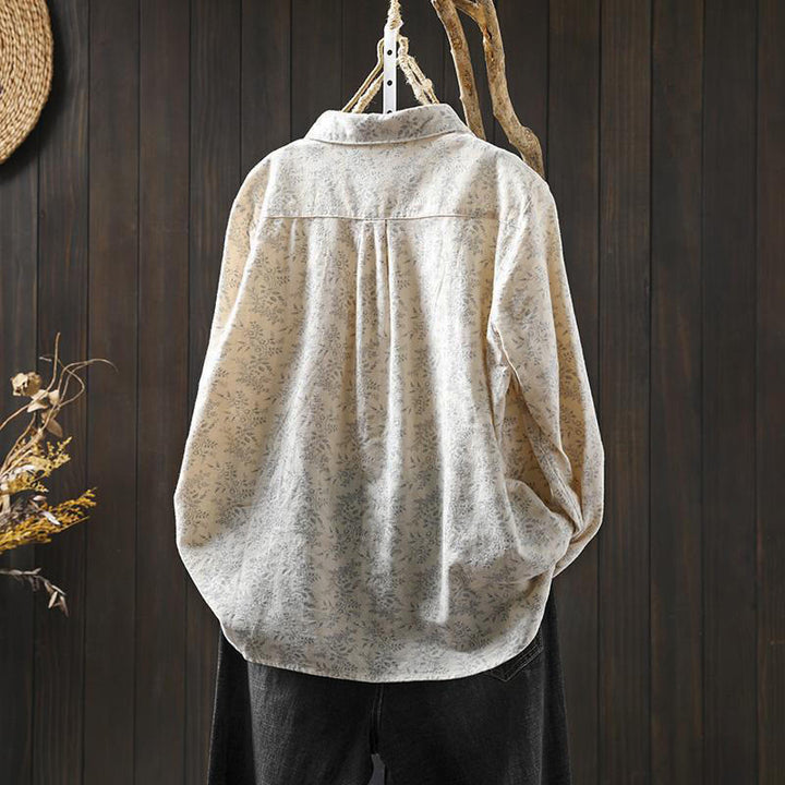 Buddha Stones秋の花柄プリントデザイン ボタン レディース コットン 長袖シャツ - image 2