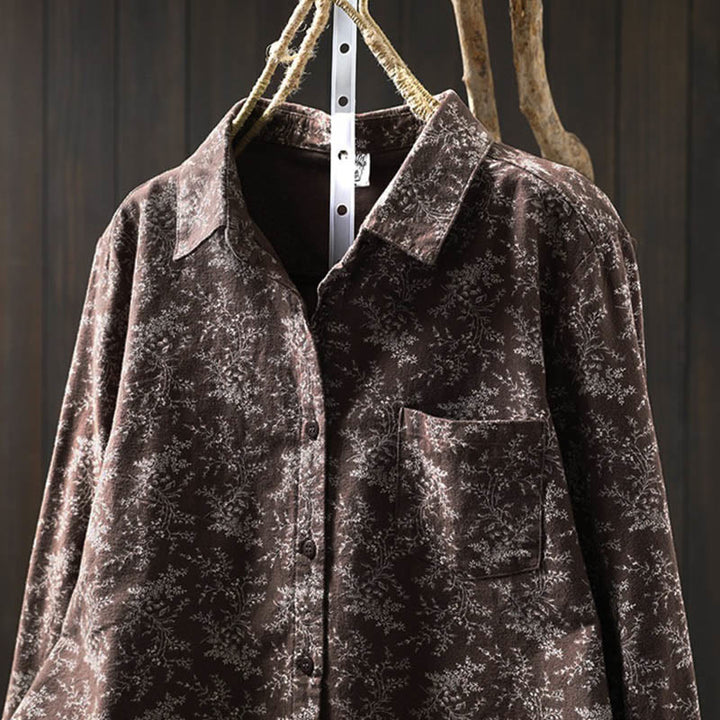 Buddha Stones秋の花柄プリントデザイン ボタン レディース コットン 長袖シャツ - image 11