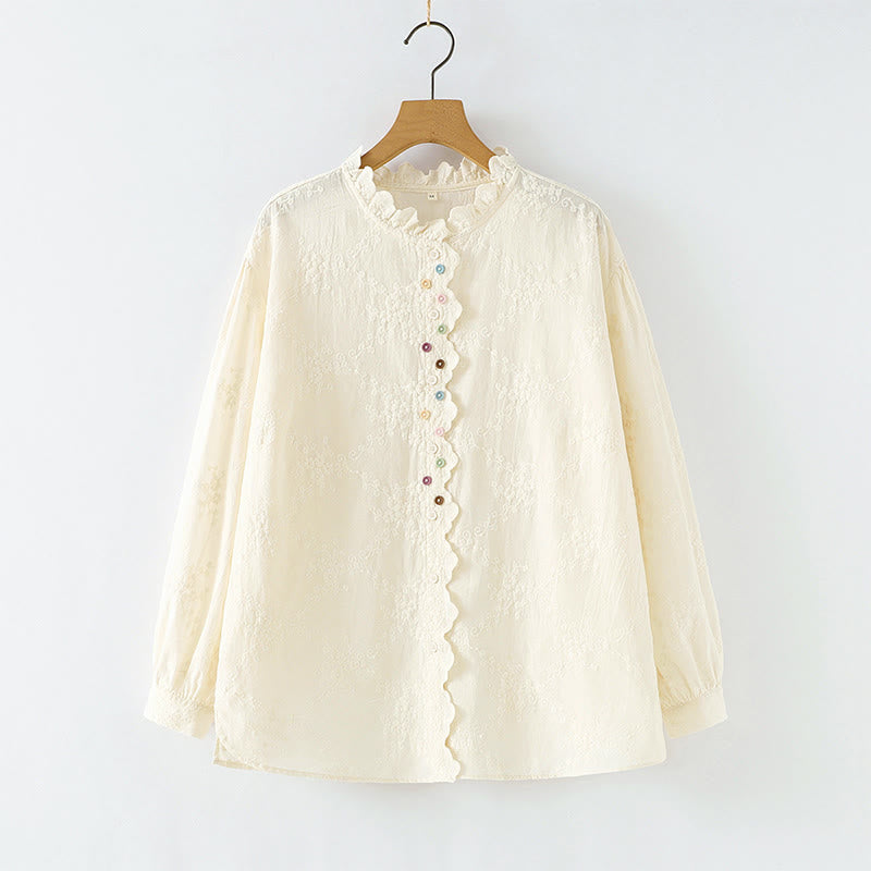 Buddha Stonesの秋のフリル襟刺繍レリーフフラワーボタンレディースコットン長袖シャツ - オールドレース - US6、 UK/AU10、 EU38 (L) - image 0