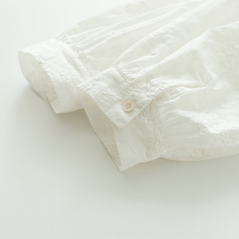 Buddha Stonesの秋のフリル襟刺繍レリーフフラワーボタンレディースコットン長袖シャツ - image 8