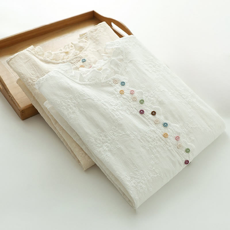 Buddha Stonesの秋のフリル襟刺繍レリーフフラワーボタンレディースコットン長袖シャツ - image 14