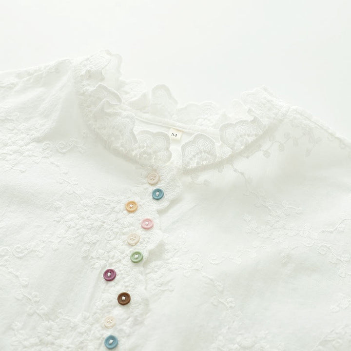 Buddha Stonesの秋のフリル襟刺繍レリーフフラワーボタンレディースコットン長袖シャツ - image 5