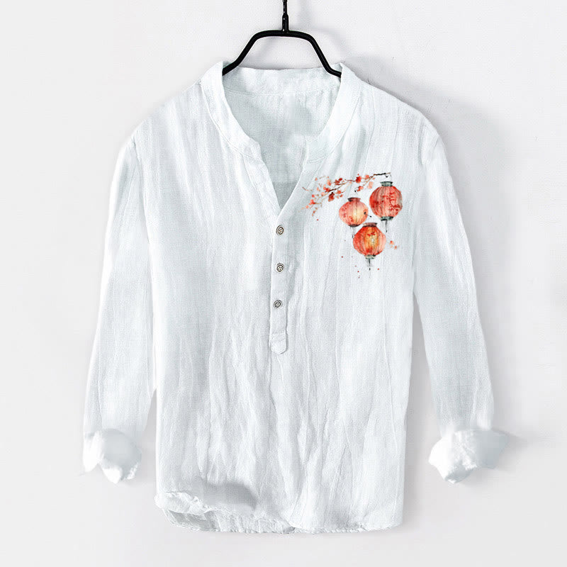 Buddha Stonesシンプル レッド 花 ランタン柄 ハーフボタン メンズ コットン リネン 長袖シャツ - 白 - US/UK/AU50、EU60 (5XL) - image 3