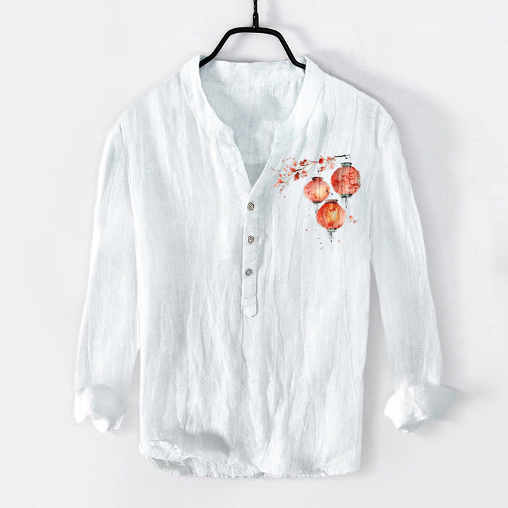 Buddha Stonesシンプル レッド 花 ランタン柄 ハーフボタン メンズ コットン リネン 長袖シャツ - 白 - US/UK/AU50、EU60 (5XL) - image 3